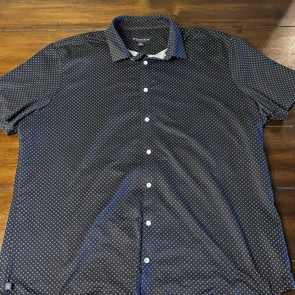 Mizzen+Main Performance Menswear Shirt Short Sleeve Black Polka dot Mens XL Trim